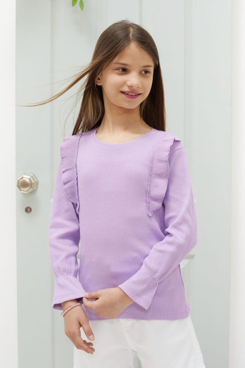 Lila Omzu Fırfırlı Fitilli Kız Çocuk Uzun Kollu Badi 18552