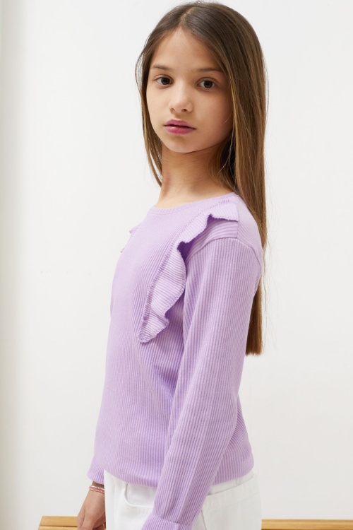 Lila Omzu Fırfırlı Fitilli Kız Çocuk Uzun Kollu Badi 18552