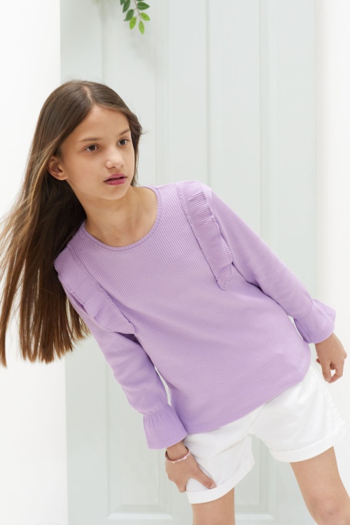 Lila Omzu Fırfırlı Fitilli Kız Çocuk Uzun Kollu Badi 18552