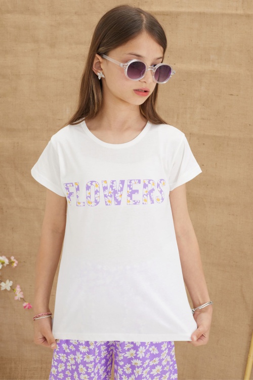 Lila Papatya Desenli Tişörtlü Pantolonlu Kız Takım 18647