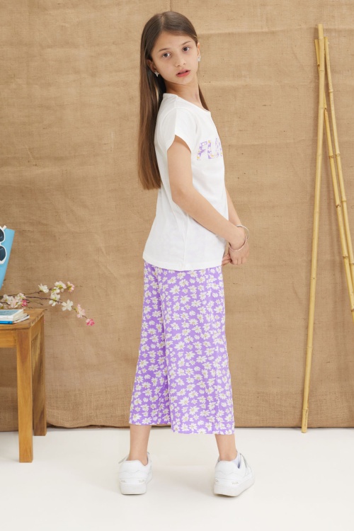 Lila Papatya Desenli Tişörtlü Pantolonlu Kız Takım 18647