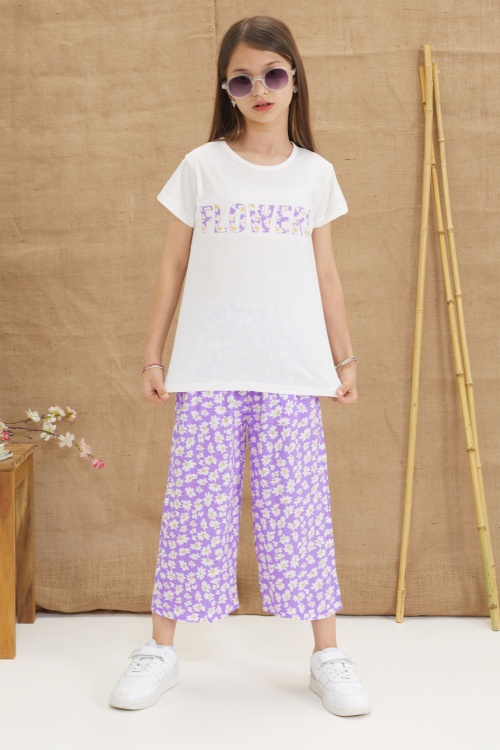 Lila Papatya Desenli Tişörtlü Pantolonlu Kız Takım 18647