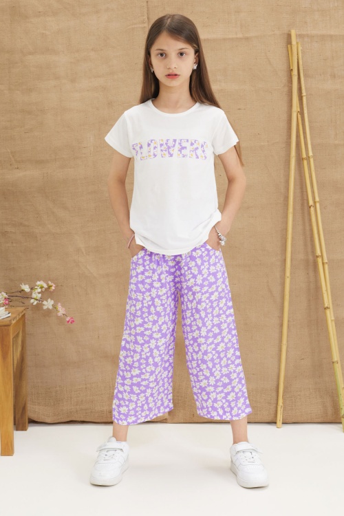 Lila Papatya Desenli Tişörtlü Pantolonlu Kız Takım 18647