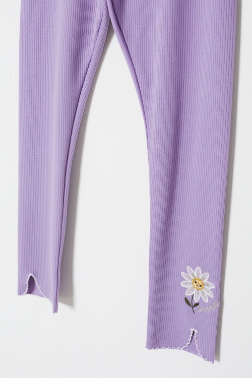 Lila Papatya Nakışlı Fitilli Kız Çocuk Yırtmaçlı Tayt 18140