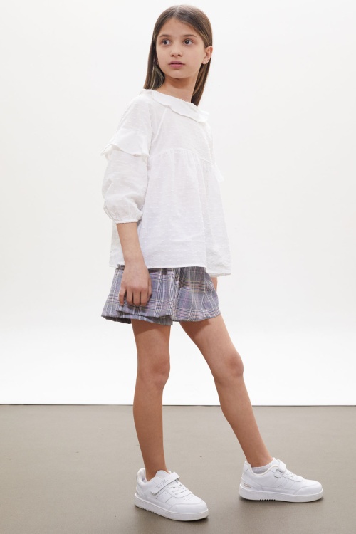 Lila Simli Ekose Desenli Şort Etekli Gömlekli Kız Takım 18260