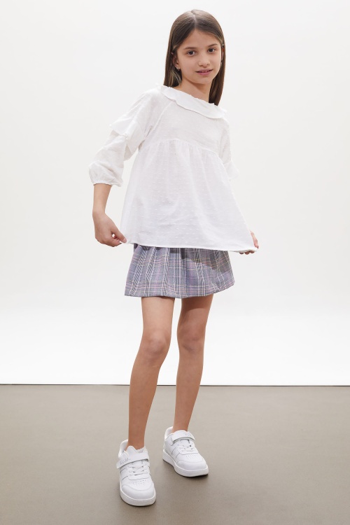 Lila Simli Ekose Desenli Şort Etekli Gömlekli Kız Takım 18260