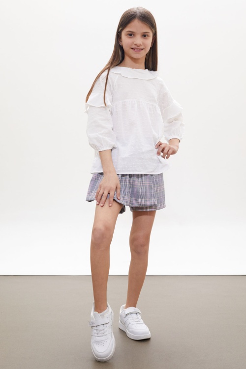 Lila Simli Ekose Desenli Şort Etekli Gömlekli Kız Takım 18260