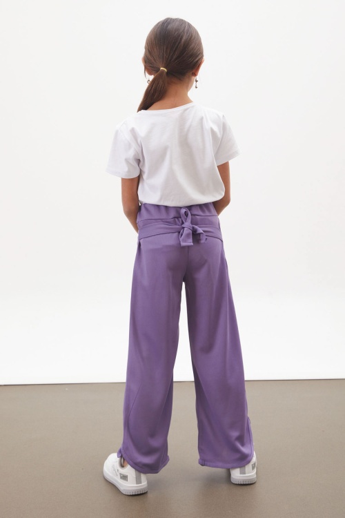 Lila Yırtmaçlı Paça Kuşaklı Viskon Kumaş Kız Pantolon 18101