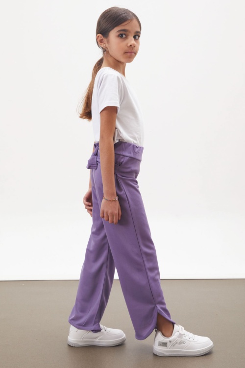 Lila Yırtmaçlı Paça Kuşaklı Viskon Kumaş Kız Pantolon 18101