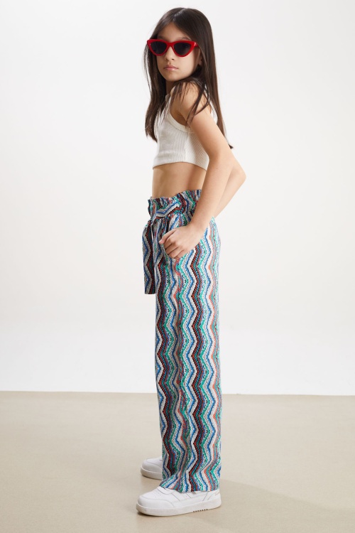 Mavi Çizgi Desenli Kuşaklı Kız Çocuk Yazlık Pantolon 18320