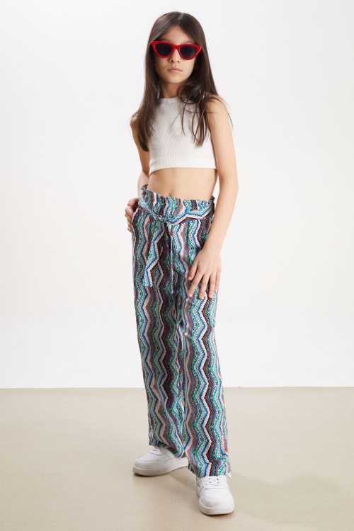 Mavi Çizgi Desenli Kuşaklı Kız Çocuk Yazlık Pantolon 18320