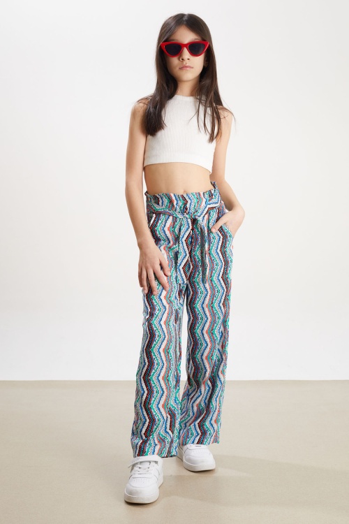 Mavi Çizgi Desenli Kuşaklı Kız Çocuk Yazlık Pantolon 18320