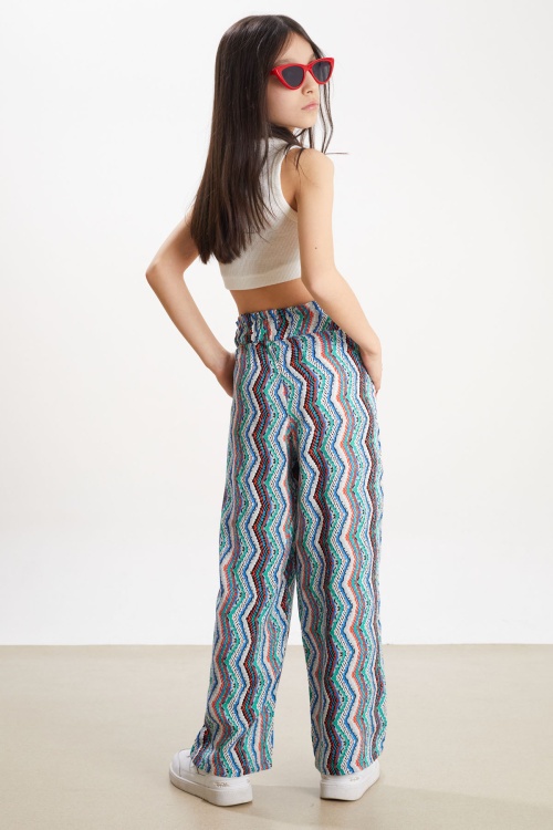 Mavi Çizgi Desenli Kuşaklı Kız Çocuk Yazlık Pantolon 18320