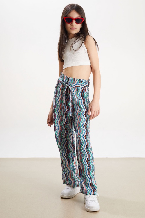 Mavi Çizgi Desenli Kuşaklı Kız Çocuk Yazlık Pantolon 18320