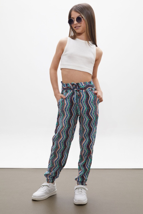 Mavi Çizgi Desenli Lastikli Paça Kız Çocuk Yazlık Pantolon 18324