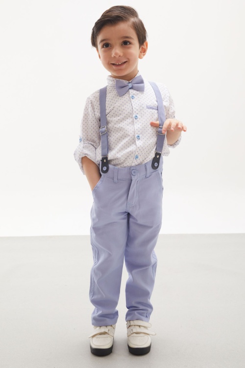 Mavi Desenli Gömlekli Askılı Pantolonlu Erkek Çocuk Papyonlu Takım 18136
