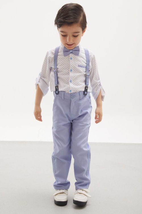 Mavi Desenli Gömlekli Askılı Pantolonlu Erkek Çocuk Papyonlu Takım 18136