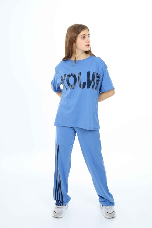 Mavi Enjoy Yazılı Şeritli Kız Çocuk Takım 18702