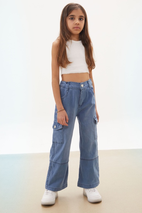 Mavi Kargo Cepli Geniş Paça Kız Jean Pantolon 17709