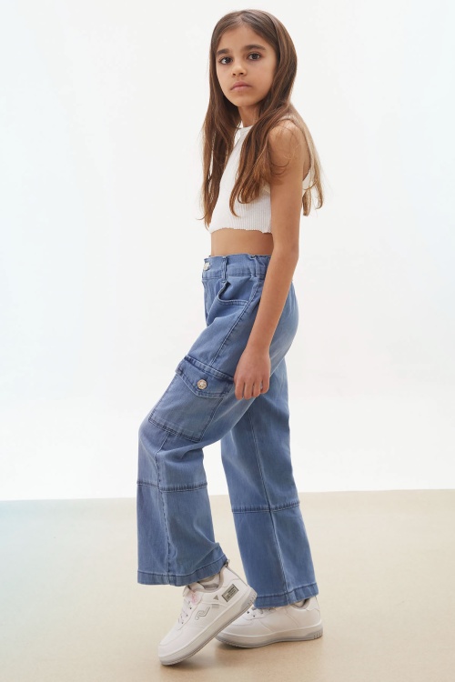 Mavi Kargo Cepli Geniş Paça Kız Jean Pantolon 17709