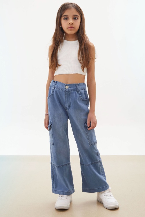 Mavi Kargo Cepli Geniş Paça Kız Jean Pantolon 17709
