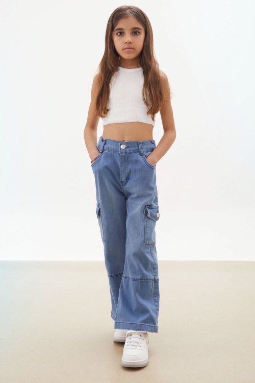 Mavi Kargo Cepli Geniş Paça Kız Jean Pantolon 17709