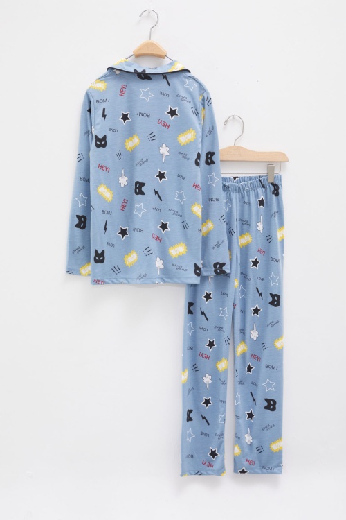 Mavi Karikatür Baskılı Yazılı Erkek Çocuk Pijama Takımı 18134