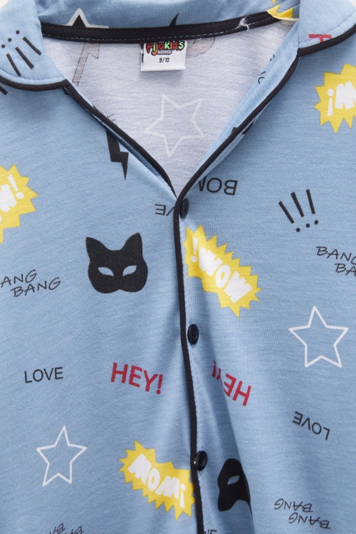 Mavi Karikatür Baskılı Yazılı Erkek Çocuk Pijama Takımı 18134