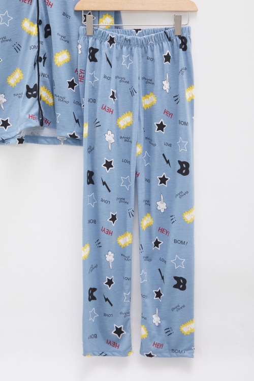 Mavi Karikatür Baskılı Yazılı Erkek Çocuk Pijama Takımı 18134