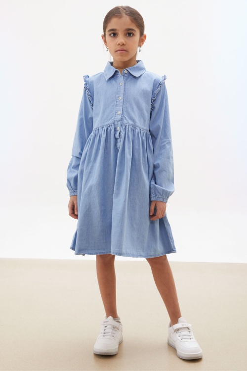 Mavi Kolu Fırfırlı Düğmeli Kız Çocuk Uzun Kollu Jean Elbise 17932