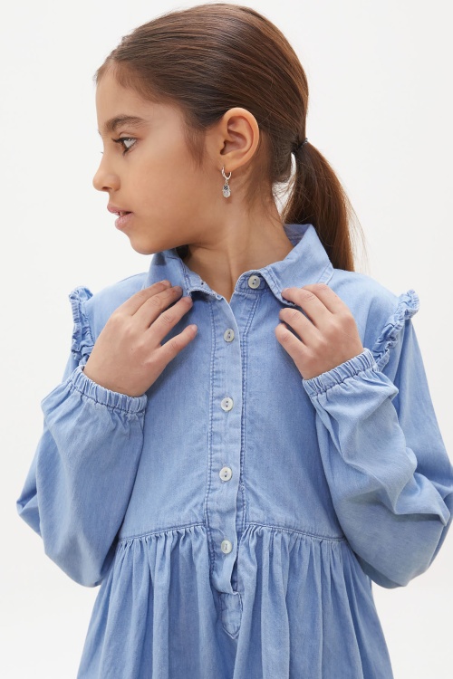 Mavi Kolu Fırfırlı Düğmeli Kız Çocuk Uzun Kollu Jean Elbise 17932