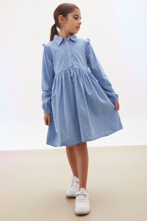 Mavi Kolu Fırfırlı Düğmeli Kız Çocuk Uzun Kollu Jean Elbise 17932