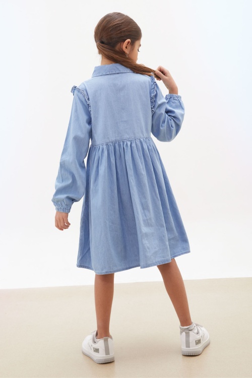 Mavi Kolu Fırfırlı Düğmeli Kız Çocuk Uzun Kollu Jean Elbise 17932