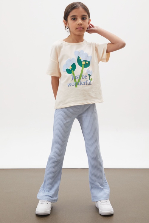 Mavi Lale Baskılı İspanyol Paça Fitilli Taytlı Kız Çocuk Takım 17996