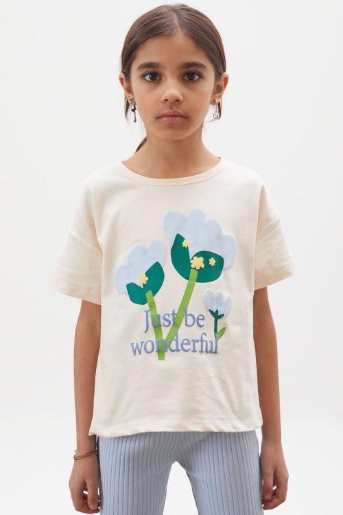 Mavi Lale Baskılı İspanyol Paça Fitilli Taytlı Kız Çocuk Takım 17996