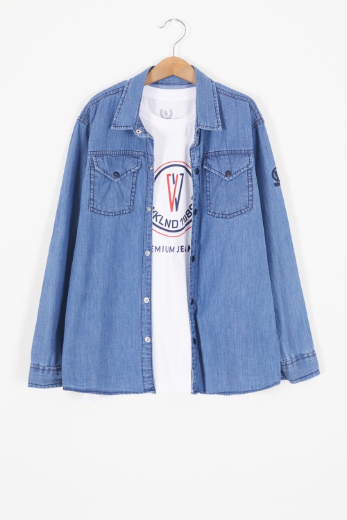 Mavi Logolu Tişörtlü Jean Gömlekli Erkek Çocuk 2li Takım 18241