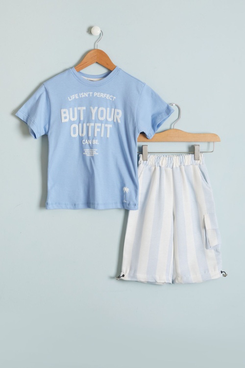 Mavi Outfit Baskılı Tişörtlü Erkek Çocuk Şortlu Takım 18456
