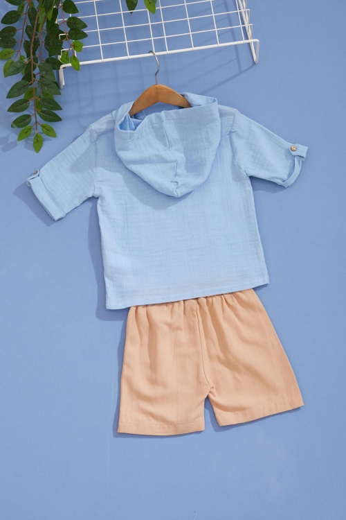 Mavi Palmiye Baskılı Kanguru Cepli Erkek Bebek Şortlu Takım 18516