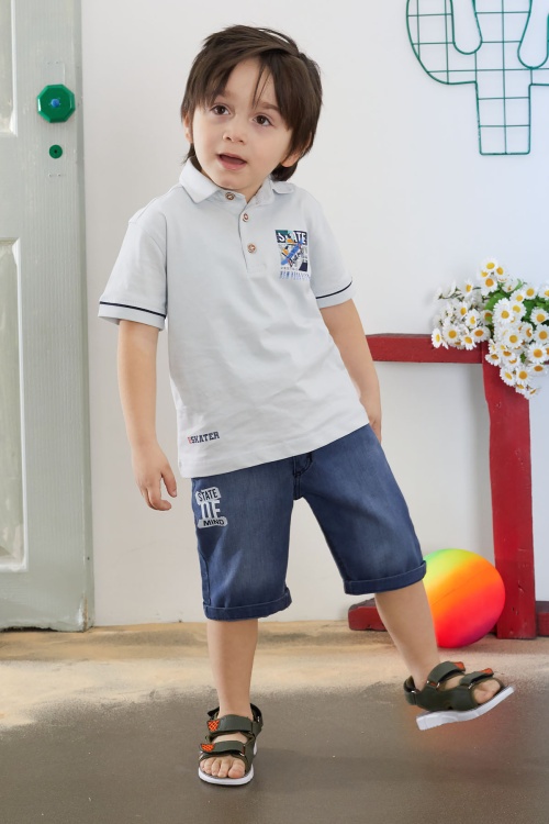 Mavi Skate Baskılı Polo Yaka Erkek Çocuk Jean Şortlu Takım 18742