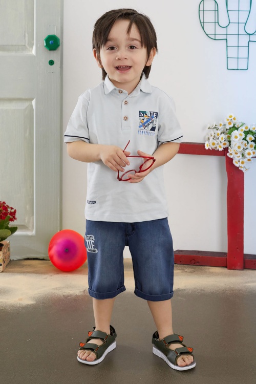 Mavi Skate Baskılı Polo Yaka Erkek Çocuk Jean Şortlu Takım 18742