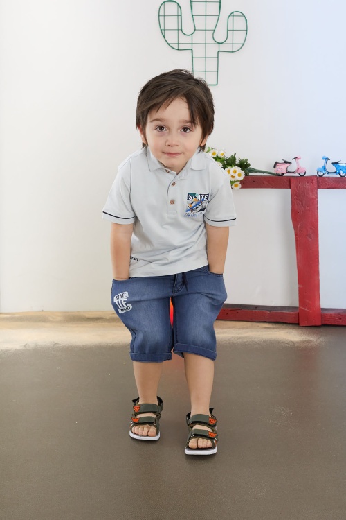 Mavi Skate Baskılı Polo Yaka Erkek Çocuk Jean Şortlu Takım 18742