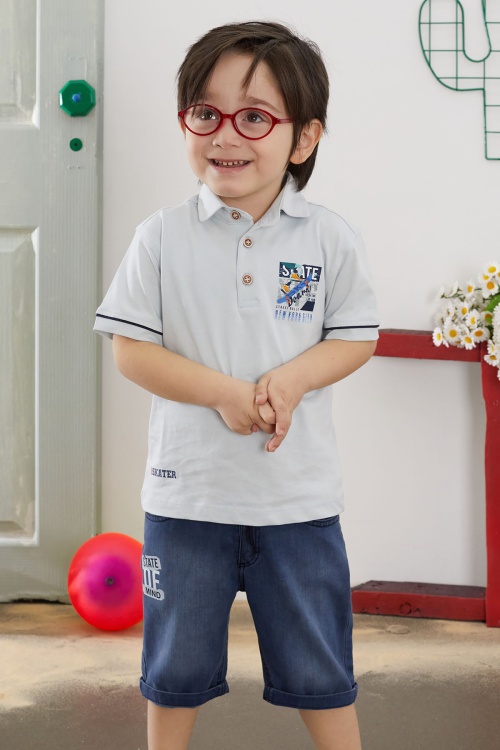 Mavi Skate Baskılı Polo Yaka Erkek Çocuk Jean Şortlu Takım 18742