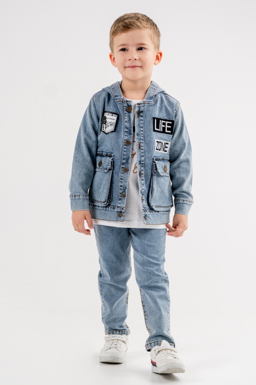 Mavi Yazılı Jean Ceketli Pantolonlu Erkek Çocuk Tişörtlü 3lü Takım 18175