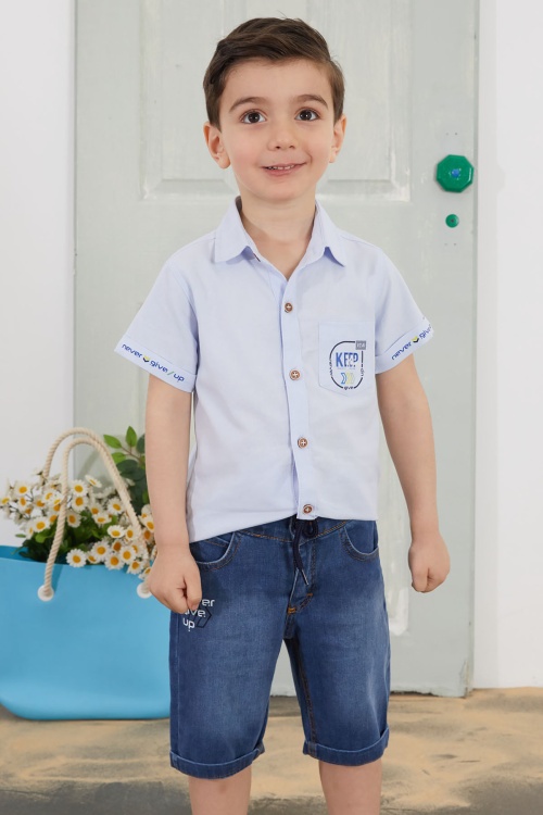 Mavi Yazılı Kısa Kol Gömlekli Jean Şortlu Erkek Çocuk Takım 18761