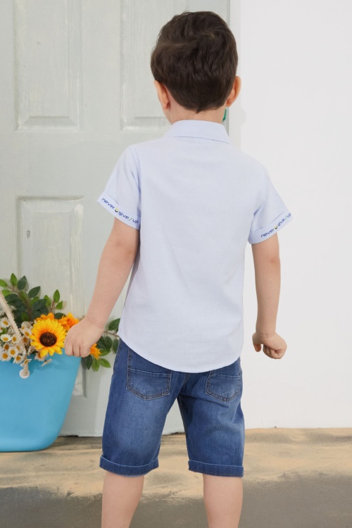 Mavi Yazılı Kısa Kol Gömlekli Jean Şortlu Erkek Çocuk Takım 18761