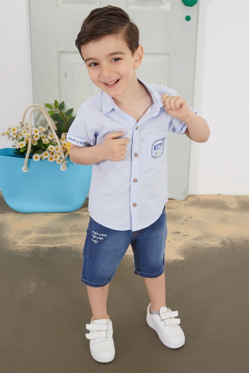 Mavi Yazılı Kısa Kol Gömlekli Jean Şortlu Erkek Çocuk Takım 18761