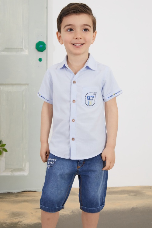 Mavi Yazılı Kısa Kol Gömlekli Jean Şortlu Erkek Çocuk Takım 18761