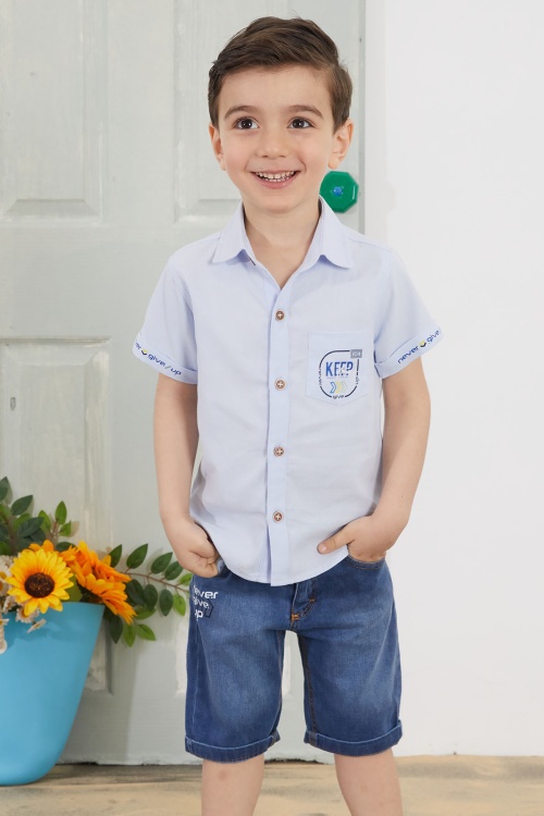 Mavi Yazılı Kısa Kol Gömlekli Jean Şortlu Erkek Çocuk Takım 18761