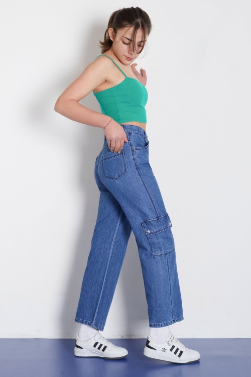 Mavi Yüksek Bel Kapaklı Cepli Kız Çocuk Geniş Paça Jean Pantolon 18367