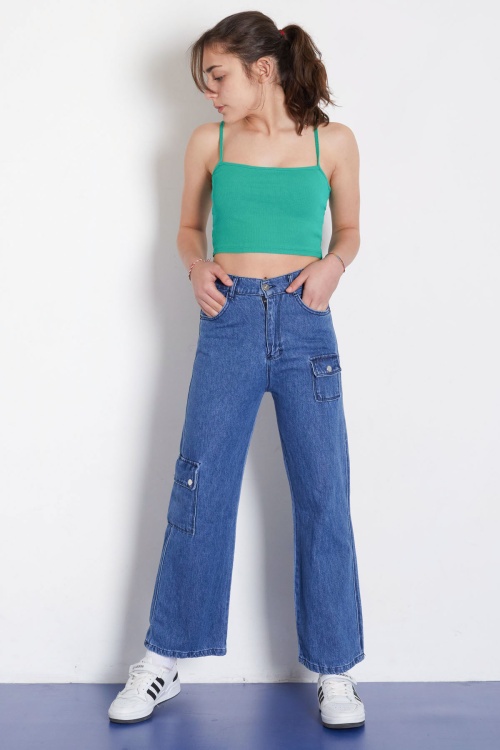 Mavi Yüksek Bel Kapaklı Cepli Kız Çocuk Geniş Paça Jean Pantolon 18367